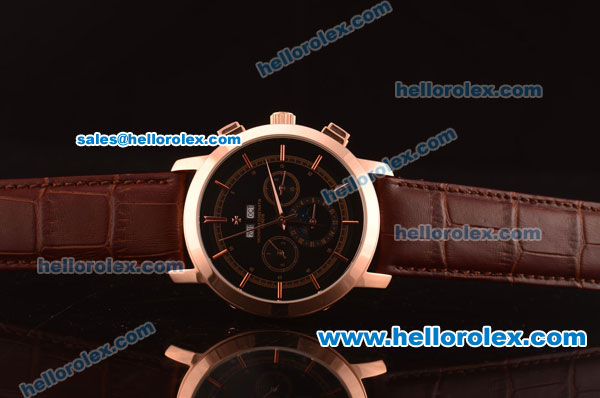 Vacheron Constantin Automatic Rose Gold Case with Black Dial and Brown Leather Strap - Click Image to Close